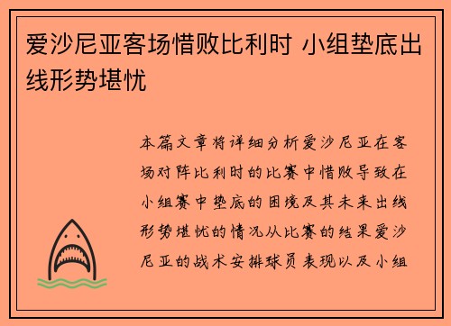 爱沙尼亚客场惜败比利时 小组垫底出线形势堪忧