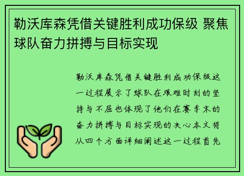 勒沃库森凭借关键胜利成功保级 聚焦球队奋力拼搏与目标实现