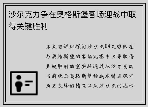 沙尔克力争在奥格斯堡客场迎战中取得关键胜利